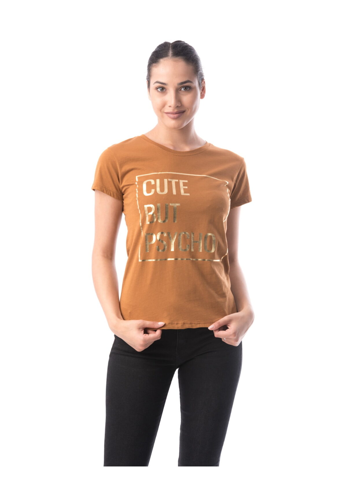 Tricou bumbac maro CUTE BUT PSYCHO