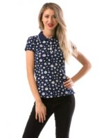 Tricou Dama Bleumarin cu Guler si Floricele cod53629