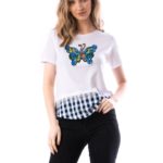 Tricou Alb din Bumbac cu Fluturas colorat cod59039
