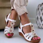 Sandale Elegante Albe cu Floricele codE9112-2