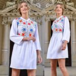 Rochie alba cu guler tunica si broderie florala