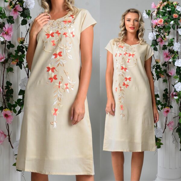 Rochie brodata bej cu croi conic