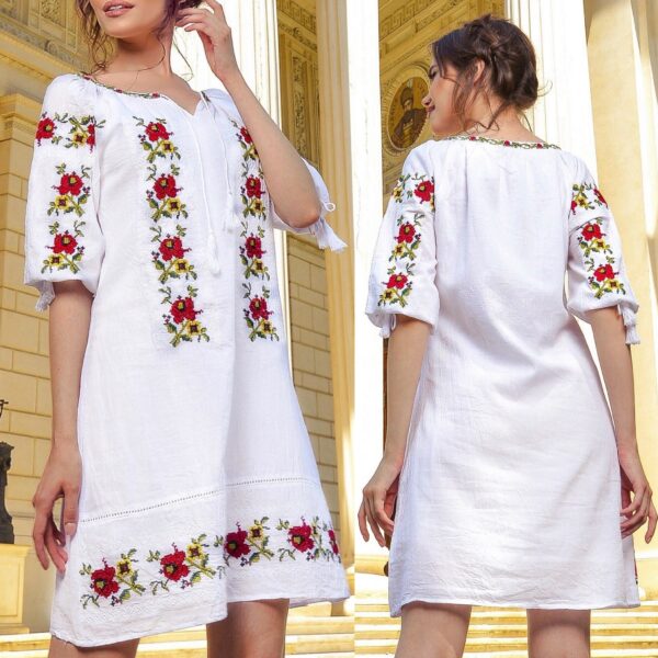 Rochie Nationala alba cu trandafiri brodati - Teodora 02