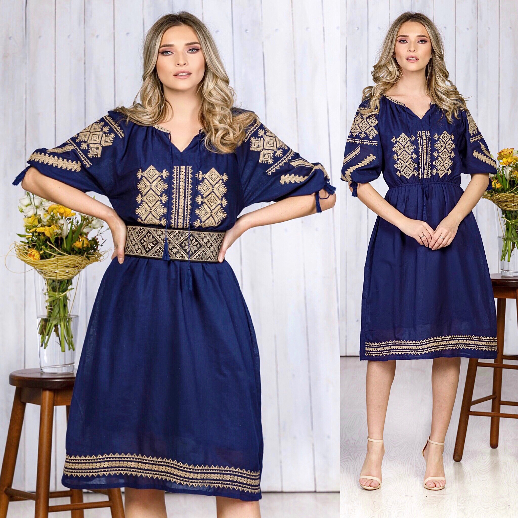Rochie Traditionala bleumarin Brodata - Ramona Rochie Traditionala bleumarin Brodata - Ramona