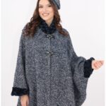 Poncho si bereta din stofa bucle pepit bleumarin cu alb