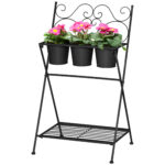 Suport pentru plante din Metal Pliabil cu 3 Ghivece, Raft pentru Plante cu Etajera pentru Casa si Gradina, 47x37x78,5 cm, Negru