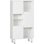 Bufet modern cu 4 compartimente deschise si 3 dulapuri, bufet din lemn pentru living si sufragerie, 70x24,3x132cm, alb
