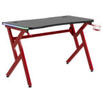 Birou Modern pentru Gaming cu Lumini RGB 7 Culori si Telecomanda, Suport Pahar si Carlig Casti, 120x60x74.5cm, Negru Rosu