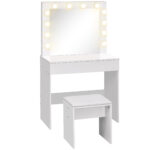 Masa de machiaj cu scaun tapitat oglinda cu12 lampi cu LED sertar mare vintage pentru dormitor din MDFalb