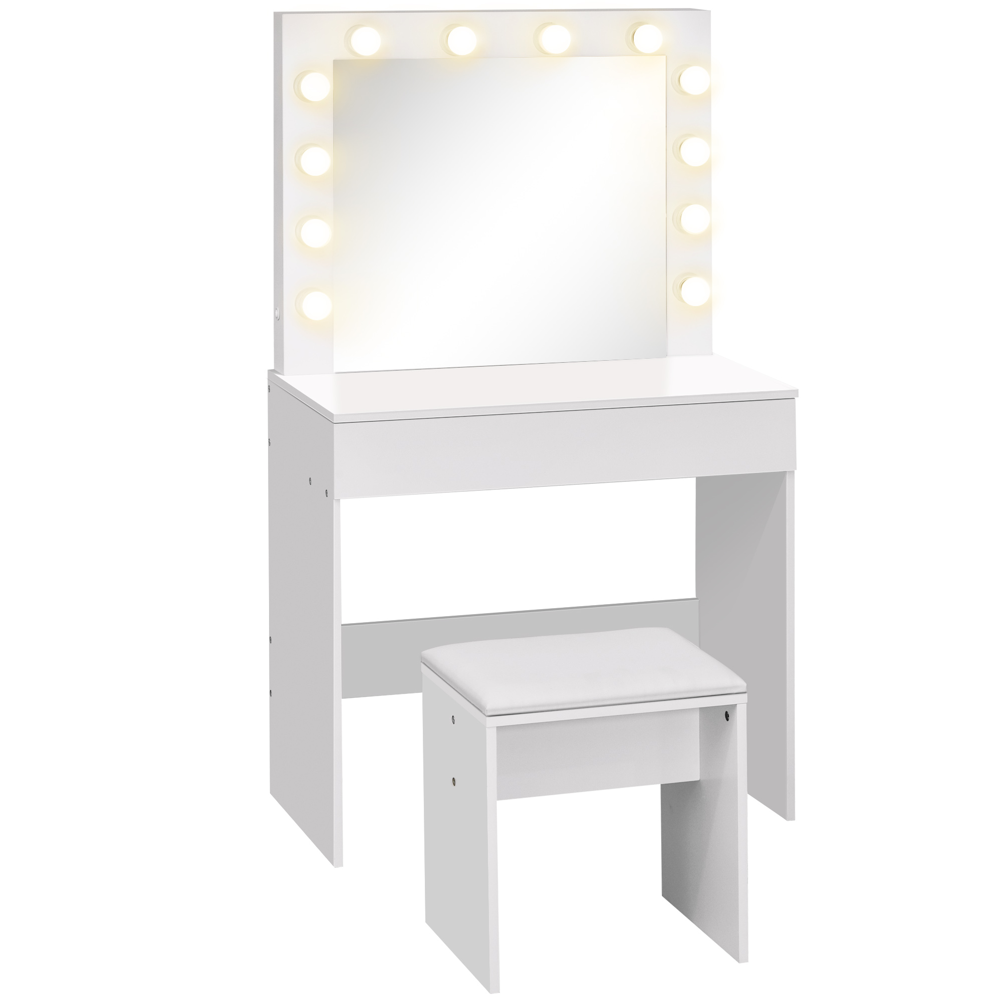 18o98a18382c7baff Masa de machiaj cu scaun tapitat oglinda cu12 lampi cu LED sertar mare vintage pentru dormitor din MDFalb - imagine 1