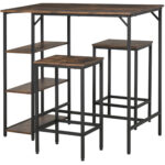 Set Masa Inalta cu 2 Taburete si Raft Stil Industrial din Metal si Lemn, Mobilier Modern Bar si Bucatarie, Maro Rustic