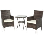 Set Mobilier Gradina din Ratan 2 Fotolii Terasa si Masa de Cafea in Sticla cu Perne Decorative, 48x48x60cm Maro | Aosom.ro