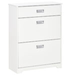 Suport de Pantofi Modern din Lemn, 2 Sertare cu Etajera Reglabila pentru 16 Perechi de ??ncaltaminte si Sertar Mic, 70x29x92cm, Alb