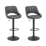 Set 2 Scaune de bar cu Inaltime reglabila si Suport pentru picioare, din Piele sintetica si Metal, 44x49x90-110cm Negru