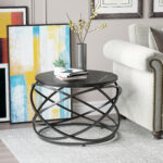 Masuta pentru Cafea Rotunda, Blat Efect Marmura, Cadru din Metal, Negru ??65 x 44.5cm