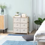 Comoda cu 6 Sertare din Material Textil de culoare Gri Pliabile si Detasabile, pentru Camera sau Hol din Lemn, 59x28x70cm