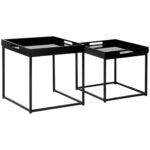 Set de 2 masute moderne, mese stivuibile patrate cu cadru de otel si efect lucios pentru sufragerie, negru