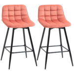 Set de 2 scaune de bar cu spatar si suport pentru picioare, scaune inalte tapitate in stil nordic din metal si catifea, coral, 45x47x88cm