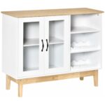 Bufet Modern cu Dulapior, 3 Rafturi Laterale cu Suport pentru Sticle de Vin, Economie spatiu, din Lemn, 103x34x80cm Alb