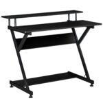 Masa Suport PC Economiseste Spatiu cu Raft Monitor Inaltat, Pupitru pentru Computer de Birou din Lemn, 70x60x85,5cm, Negru