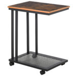 Masuta de cafea coltar pentru canapea si pat cu 4 roti in stil industrial din lemn, 51x36x61 cm