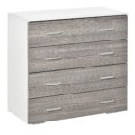 Comoda moderna cu 4 sertare cu manere din aluminiu si structura din lemn, 76x35x72 cm, alb si gri
