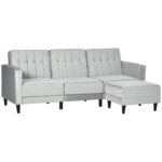 Canapea extensibila cu 3 locuri cu taburet si spatar inclinabil, tapiterie din catifea si scaun captusit, 218x85x86 cm, gri deschis