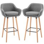 Set de 2 Scaune de bar Moderne cu Perna, Picioare de Lemn si Invelis din Tesatura, 55x48x100cm Gri
