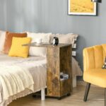 HOMCOM Masuta de Salon si Noptiera Design in forma de C cu Raft si Compatiment Lateral, Roti cu Frana, Lemn Maro Rustic, 60x40x70cm