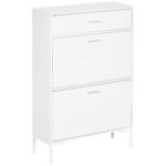 Dulap modern pentru pantofi, 12 perechi de pantofi cu 2 usi si sertar, din PAL, MDF si metal, 75x26x110 cm, alb