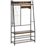 Suport pentru haine cu suport pentru pantofi si banca, suport pentru hol in stil industrial din lemn si otel, 98x36x185cm, maro