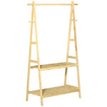 Suport pentru Umerase cu 2 Rafturi si 4 Carlige Laterale, Structura din bambus, 100L x 42l x 155lcm, Culoarea Lemnului