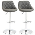 Set 2 Scaune de Bar Pivotante Reglabile in Inaltime din Imitatie de Piele Gri