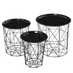 Set 3 Masute pentru Sufragerie Moderne cu Capac Detasabil, Masuta Joasa Container din Otel Negru, Forma Cilindrica