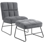 Fotoliu Relax cu Suport pentru picioare pentru Interior, Set 2 Piese din Tesatura cu Efect de Catifea, Spuma de Cauciuc si Metal, Gri