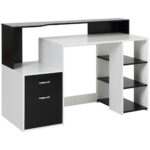 Masa de Birou Moderna pentru Computator cu Rafturi din Lemn MDF Alb si Negru 140x55x92cm
