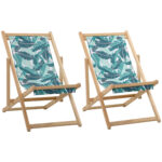 Set de 2 Sezlonguri de Gradina Pliabile din Lemn si Poliester, Sezlong pentru Plaja cu Spatar Rabatabil pe 4 Niveluri, Fantezie Tropicala