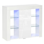 Bufet Modern cu Usa si Lumini LED cu Finisaj Lucios si Rafturi din Sticla, Dulap Mutifunctional 97x35x83cm, Alb Modern