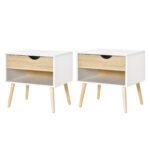 Set de 2 Noptiere Moderne cu Sertar ?i Etajera, Baza ??nalata ?i Picioare din Lemn , 50x39x51cm, Alb ?i Stejar| Aosom RO