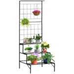 Raft Suport pentru plante cu 3 Etajere di Panou Posterior, Jardiniera Verticala pentru Plante Cataratoare, din Metal Negru