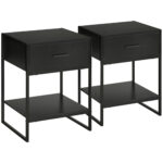 HOMCOM Set de 2 noptiere moderne Dulapuri noptiera cu Sertar Raft, depozitare pentru dormitor, Camera de zi, Negru