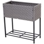 Ghivece Flori Exterior din Ratan cu Raft in Metal si Efect Decorativ Nuiele, 70x30x72cm Culoarea Gri | Aosom.ro