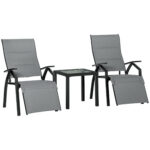 Set de Gradina cu 2 Sezlonguri Inclinabile Tapitate, Inaltime Suport Picioare Reglabil si Masuta, Gri