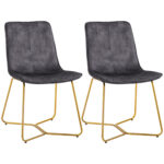 Set de 2 scaune de sufragerie si de lounge fara cotiere, scaune tapitate din catifea cu picioare aurii, gri