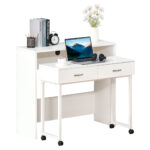Birou Dublu separabil ergonomic cu role, Rafturi interioare, 100 x 36 x 88 cm, Alb