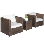 Set Mobilier Gradina din Ratan 2 Scaune Fotolii terasa cu Perne Decorative si Masa in Sticla de cafea, 75x66x66cm Culoarea Maro
