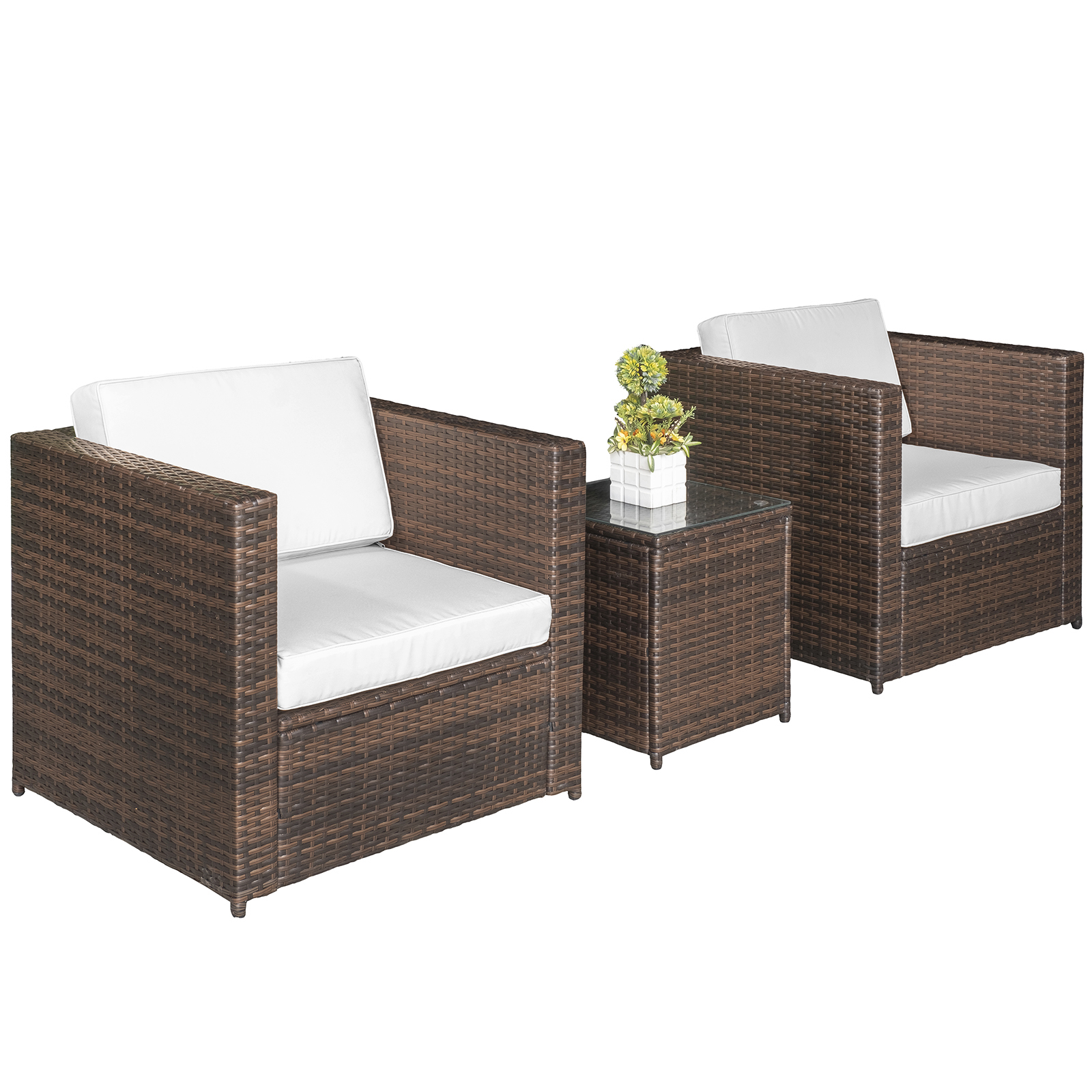 gZLcff17e610ac91a Set Mobilier Gradina din Ratan 2 Scaune Fotolii terasa cu Perne Decorative si Masa in Sticla de cafea, 75x66x66cm Culoarea Maro - imagine 1