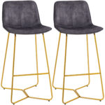 Set de 2 scaune de bar cu spatar si suport pentru picioare, scaune de bucatarie din catifea cu picioare aurii, 48x56,5x103cm, gri