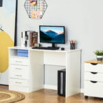 Birou modern pentru birou cu 4 sertare si compartiment deschis, birou pentru computer compact si de dimensiuni reduse, lemn, 120x50x76cm, alb