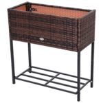 Ghivece Flori Exterior din Ratan cu Raft Metal, 70x30x72cm Culoarea Maro | Aosom.ro